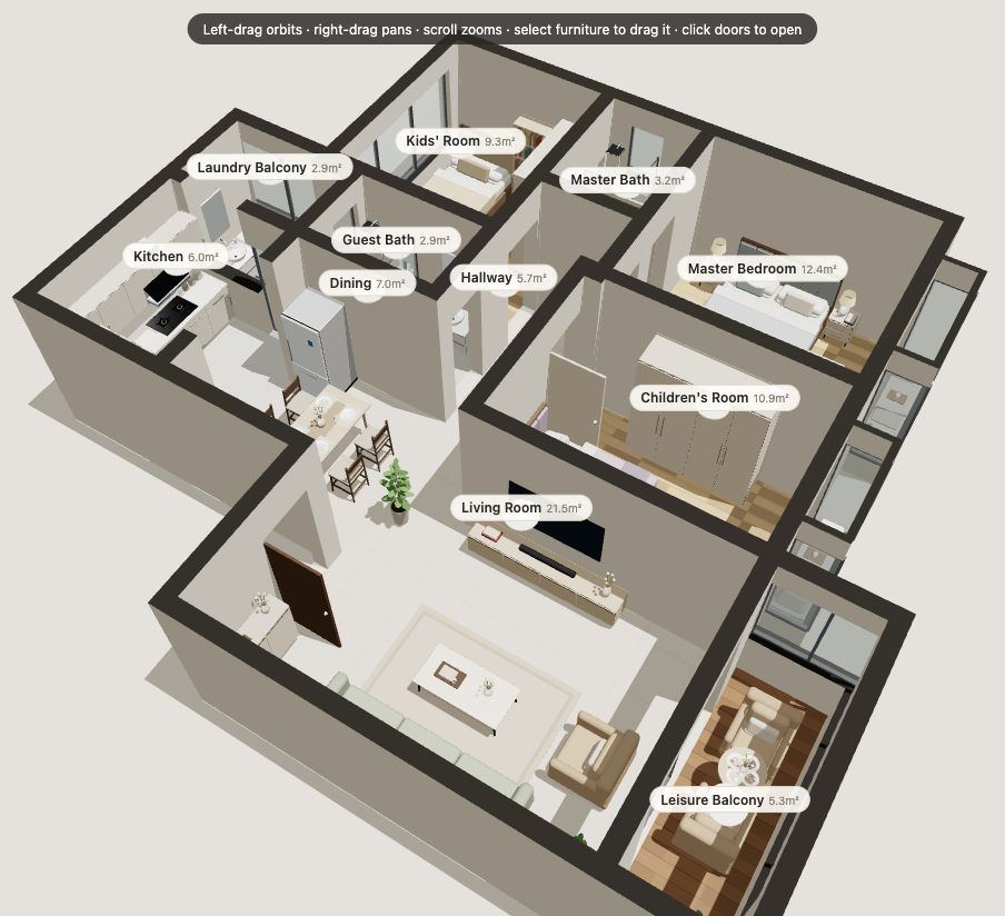 Screenshot of the sample 3D apartment, showing furnished rooms from an angled overhead view
