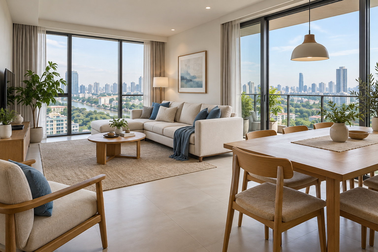 Illustrative apartment interior with a bright living room and dining area